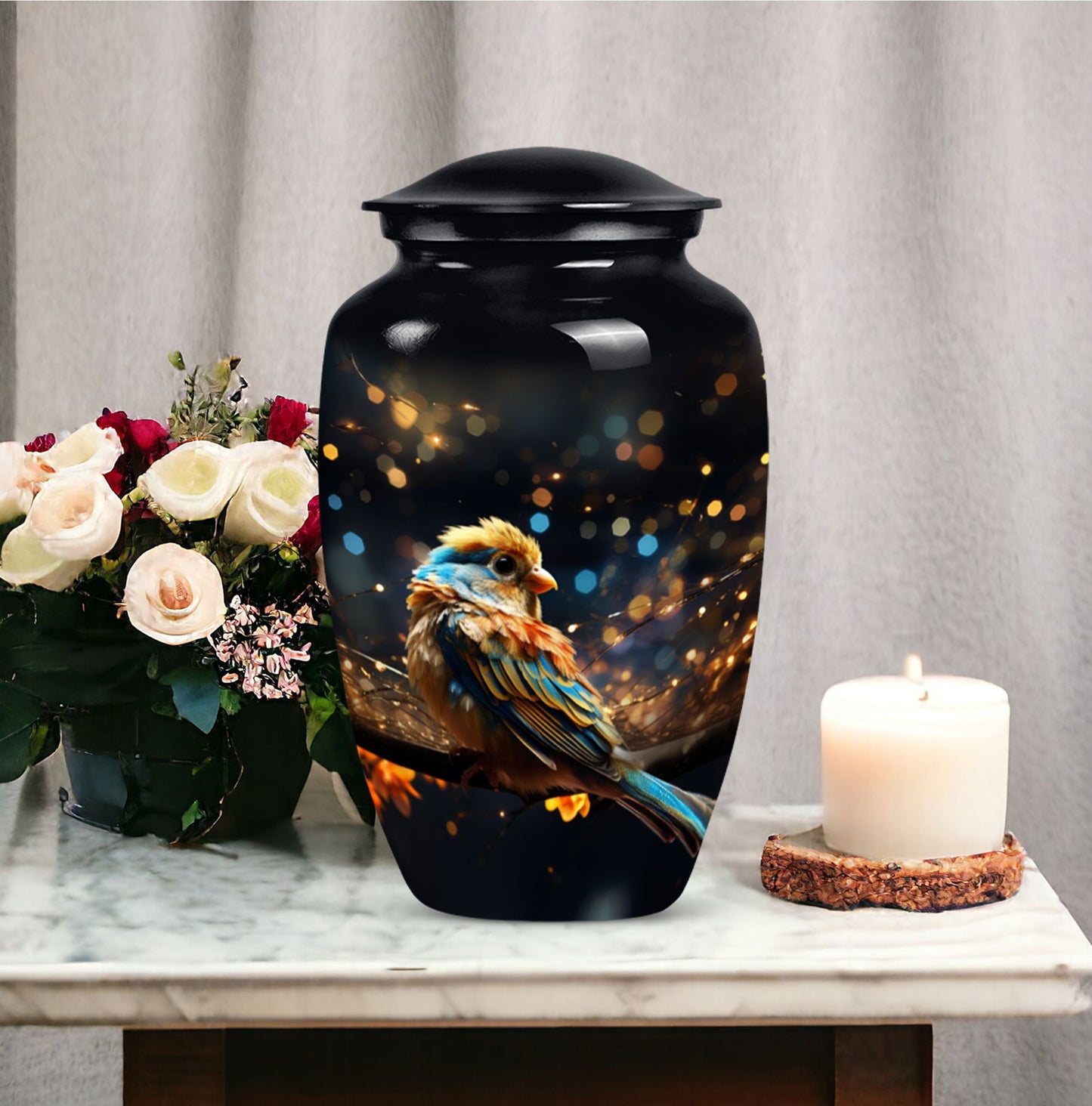 Yellow Sparrow Urn, large aluminium urn for human ashes.