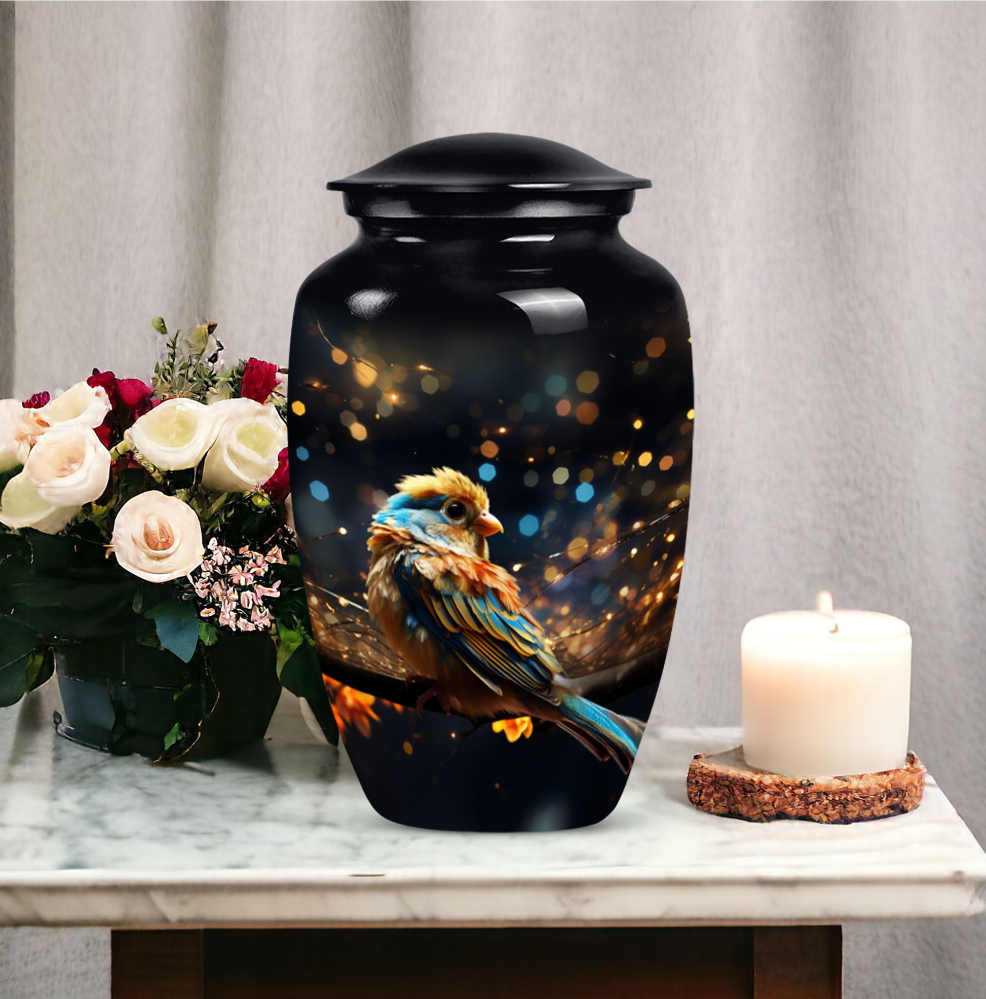 Yellow Sparrow Urn, large aluminium urn for human ashes.