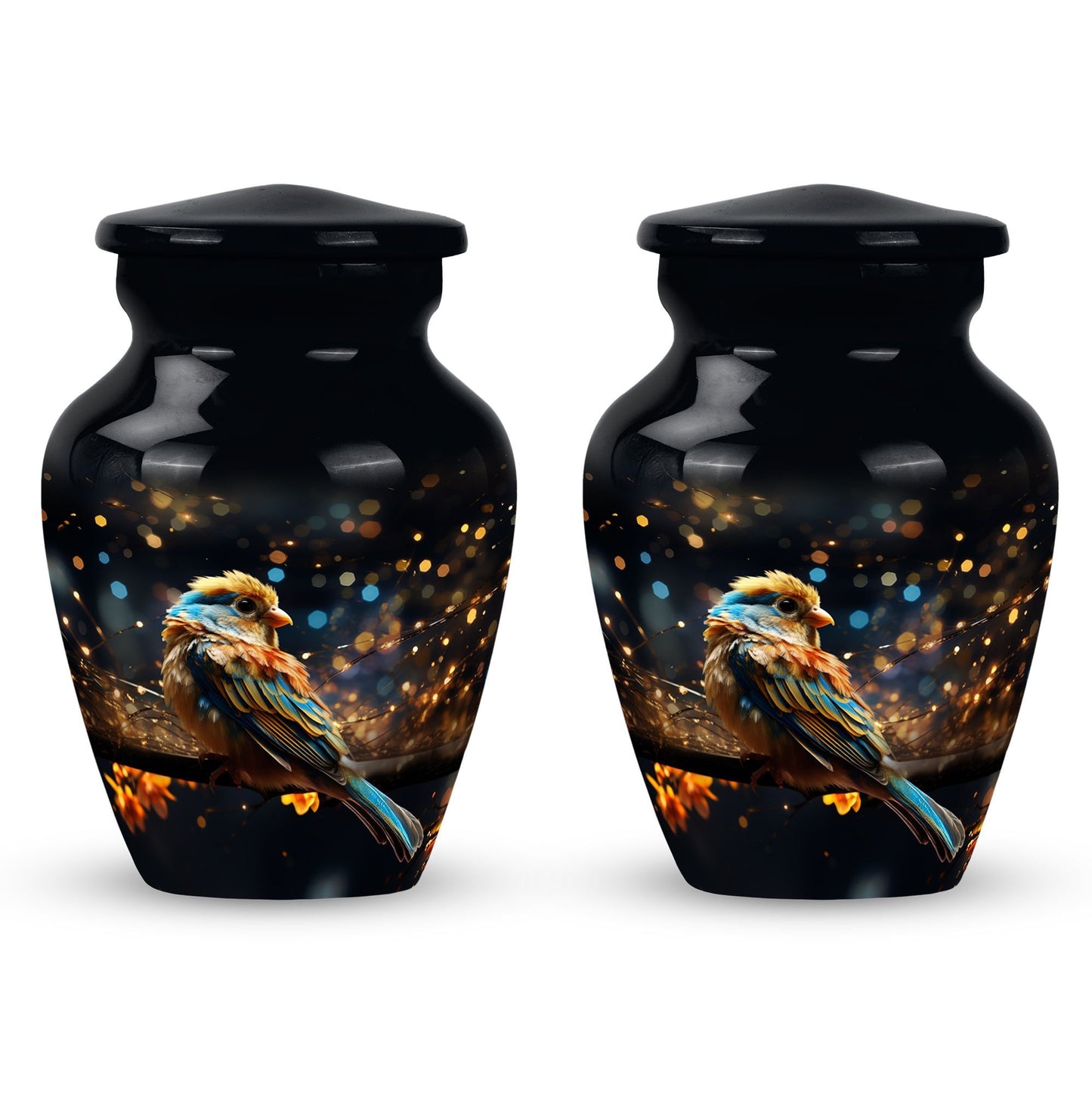 Yellow Sparrow Urn, large aluminium urn for human ashes.