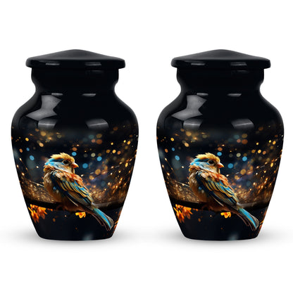 Yellow Sparrow Urn, large aluminium urn for human ashes.