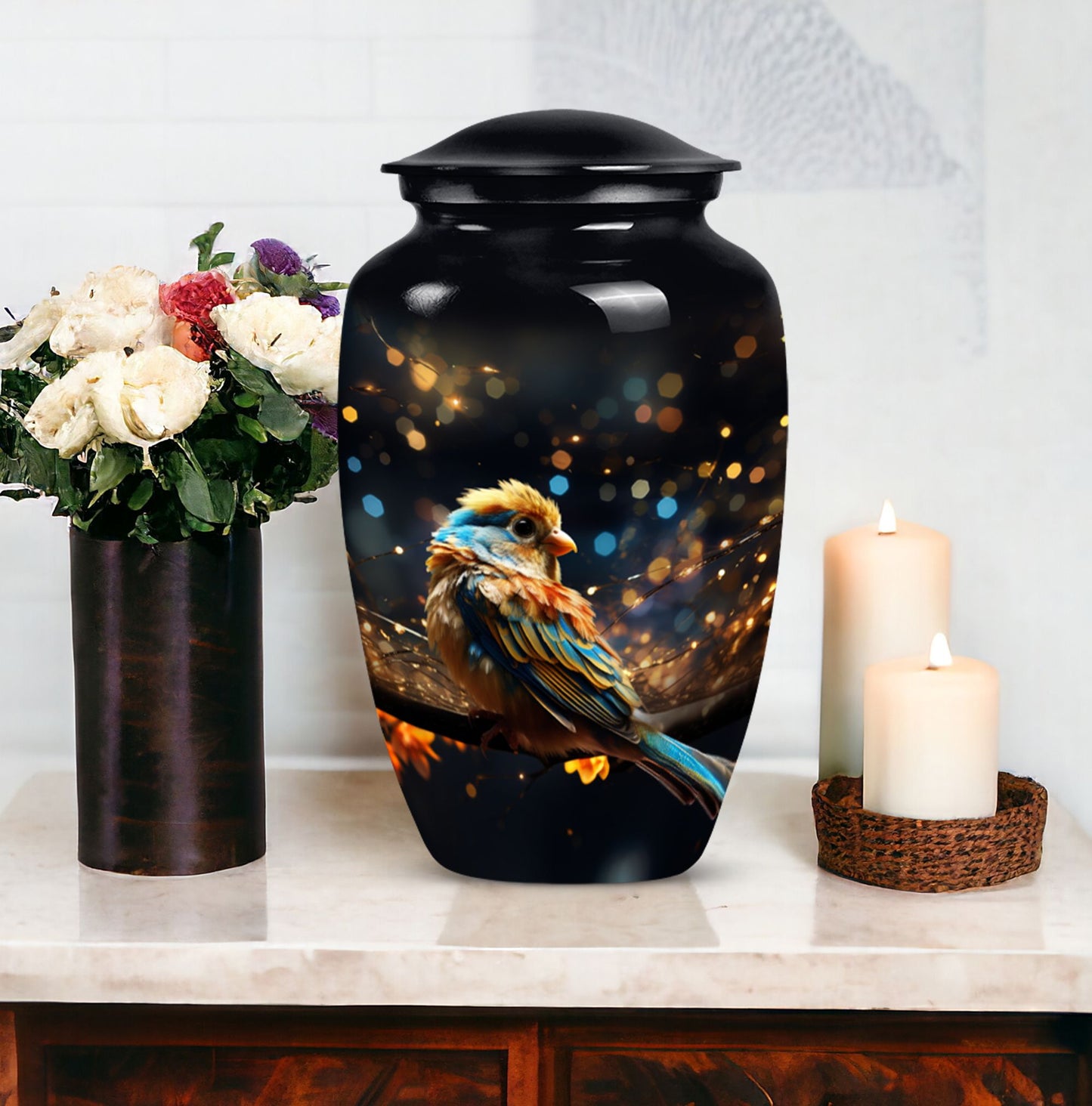 Yellow Sparrow Urn, large aluminium urn for human ashes.