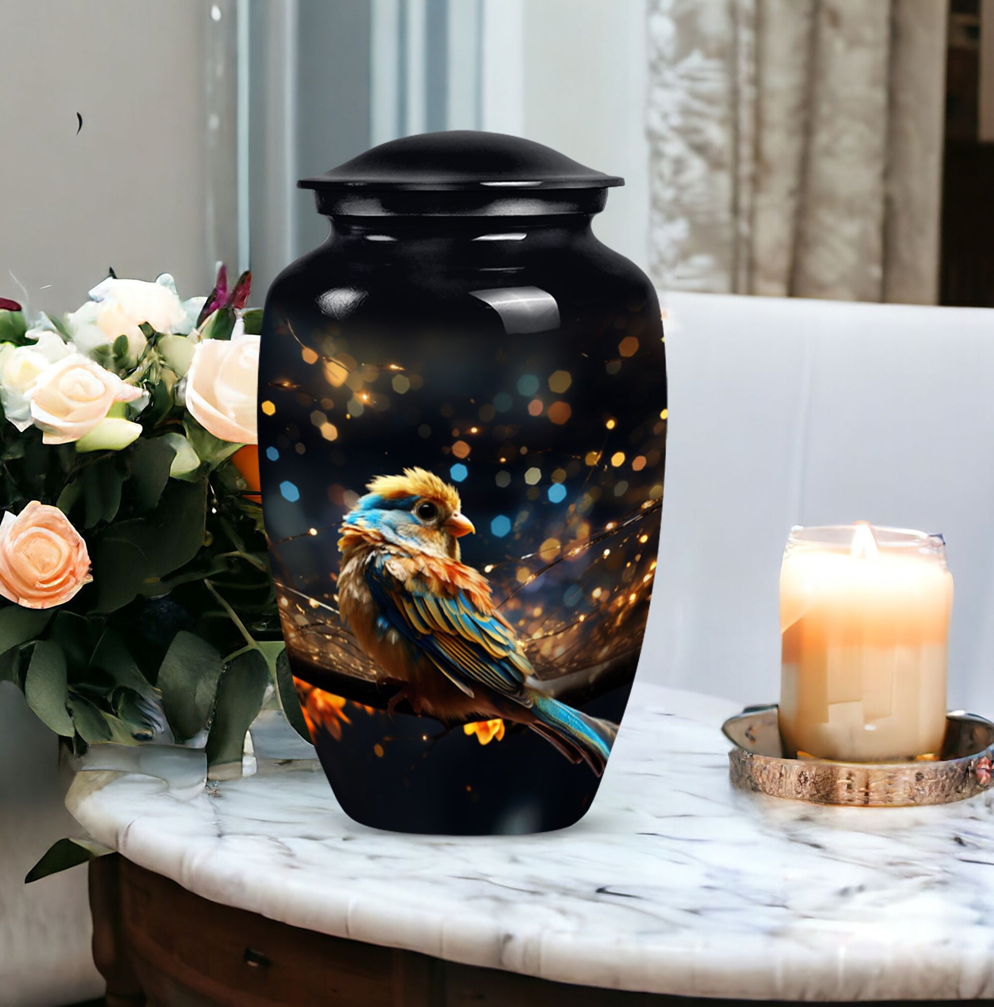 Yellow Sparrow Urn, large aluminium urn for human ashes.