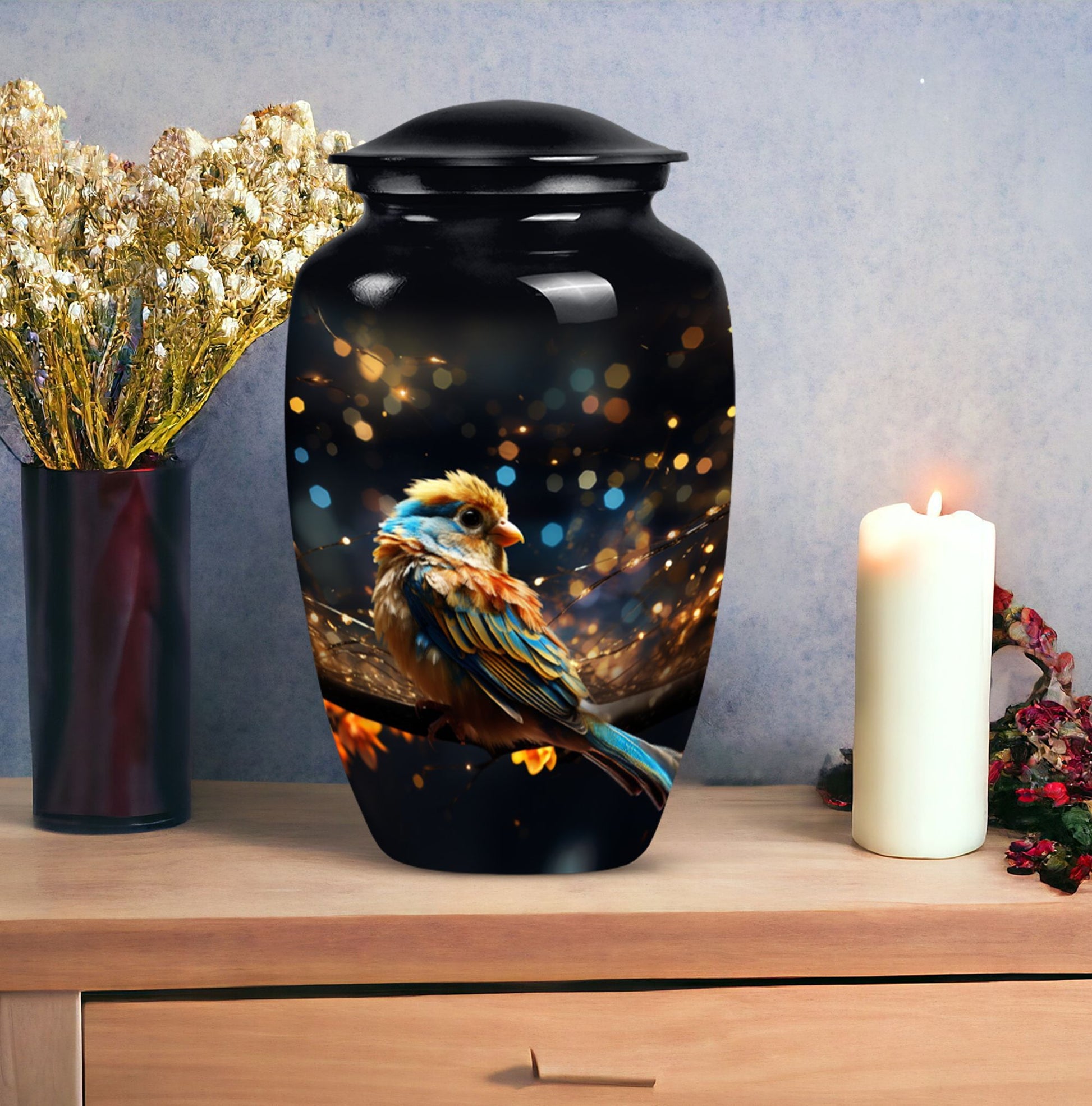 Yellow Sparrow Urn, large aluminium urn for human ashes.