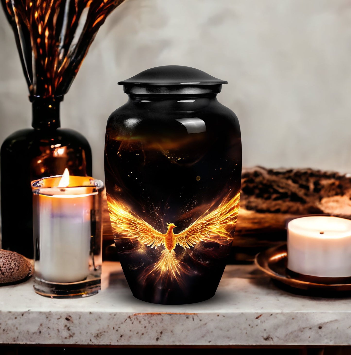 Sturdy 3-inch Yellow Phoenix urn for human cremation ashes