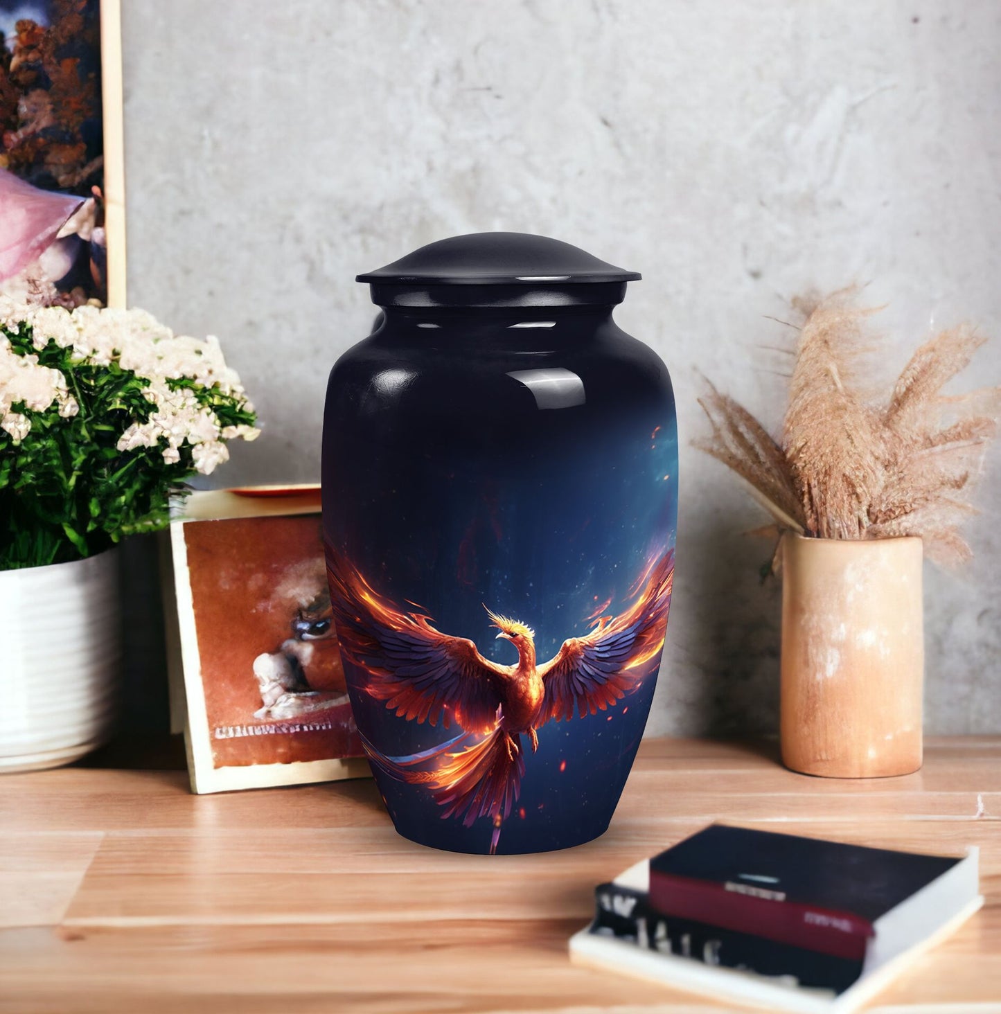 Red and Blue Phoenix Cremation Urn, a 10 Inch Large.