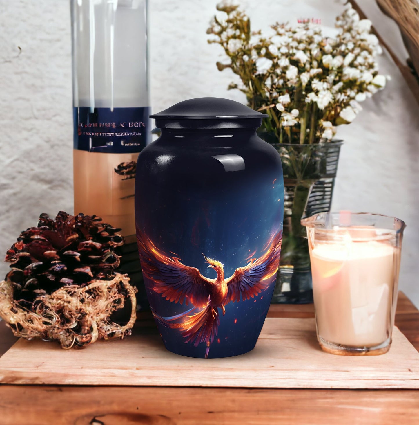 Red and Blue Phoenix Cremation Urn, a 10 Inch Large.