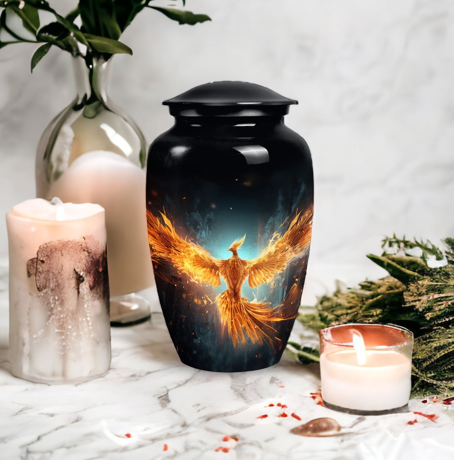 Classic Yellow Phoenix Aluminium Large Cremation Urn.