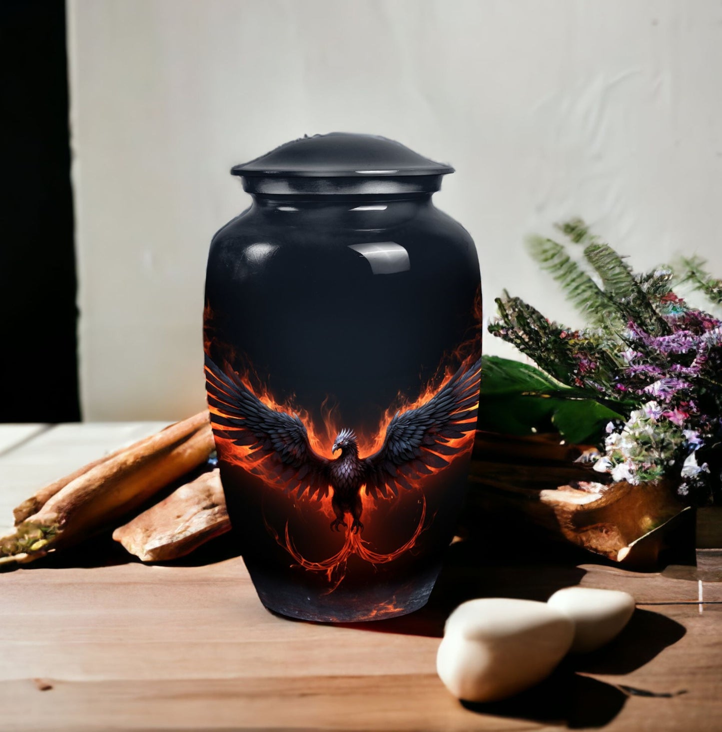 Black Phoenix Memorial Urn, classic design.