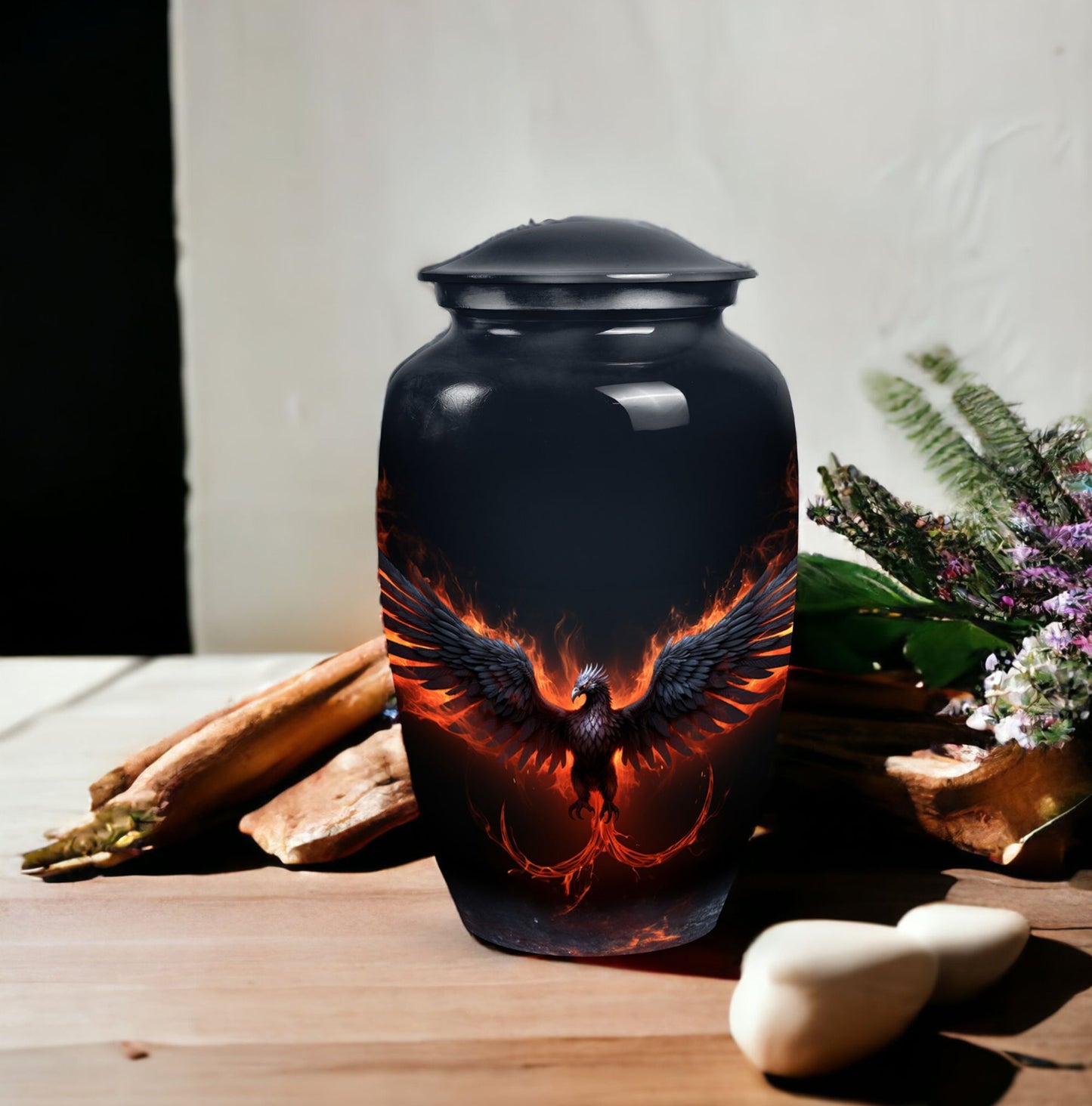 Black Phoenix Memorial Urn, classic design.