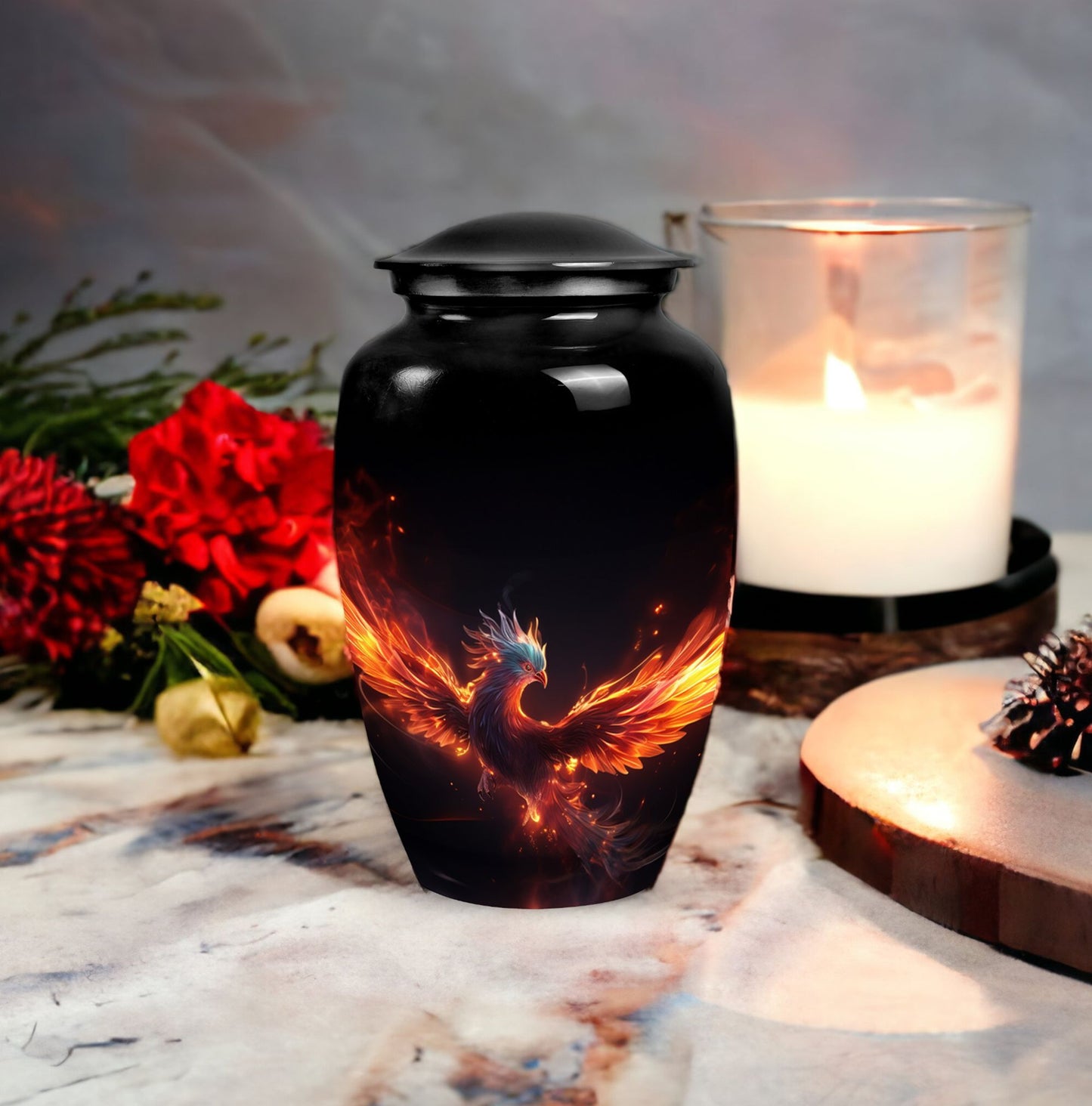 Classic 3-inch blue phoenix urn in aluminium