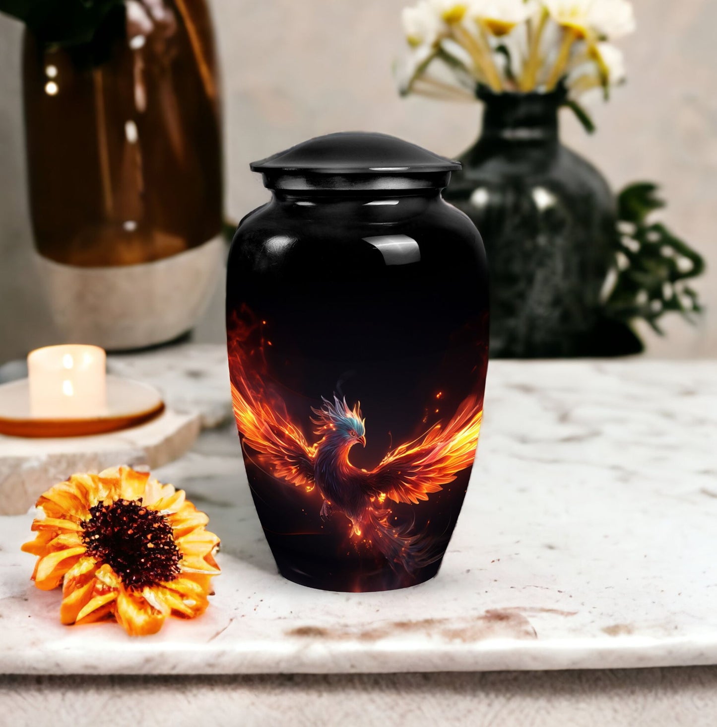 Classic 3-inch blue phoenix urn in aluminium