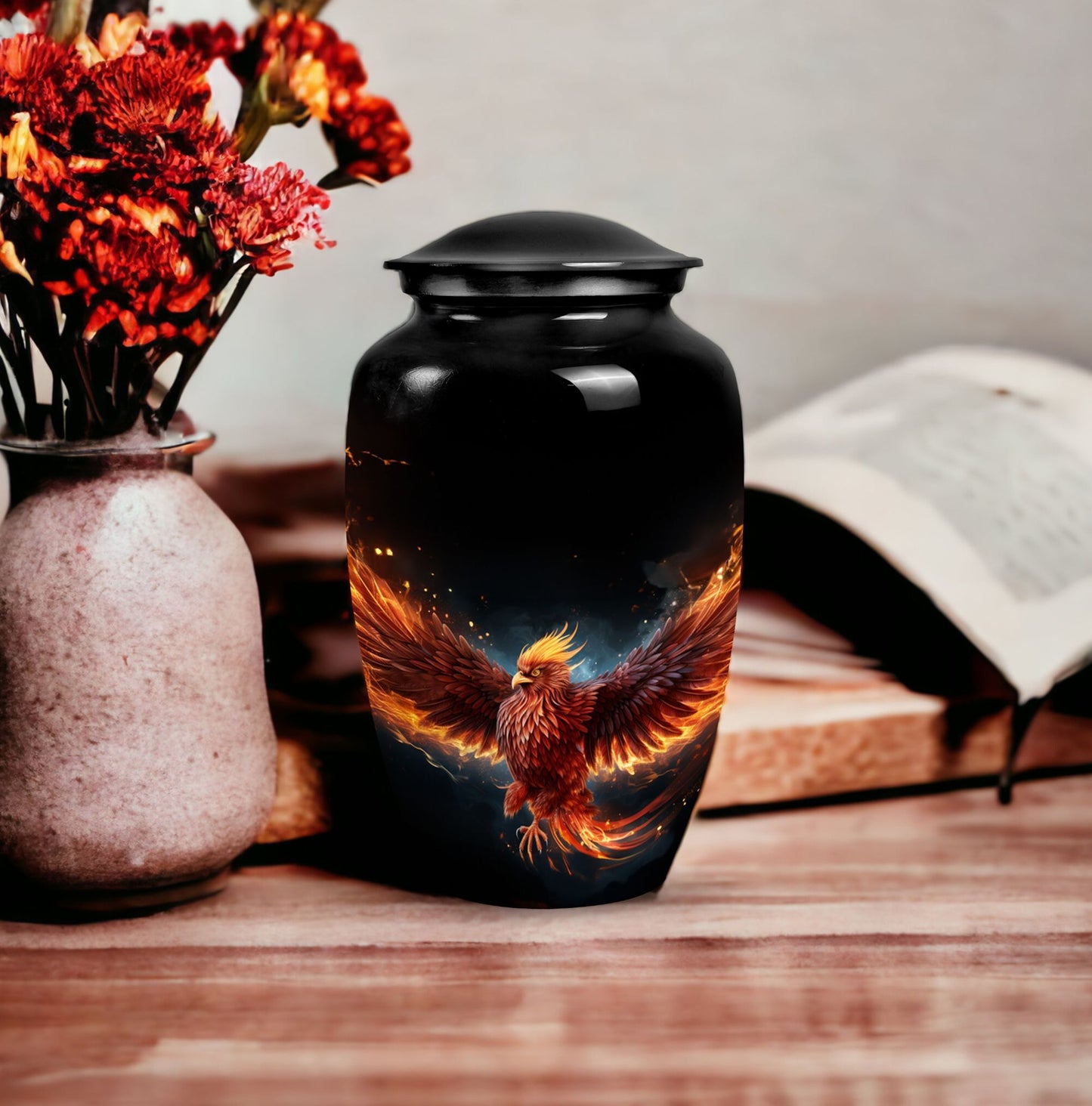 Red Phoenix Urn, a classic aluminium urn, uniquely designed