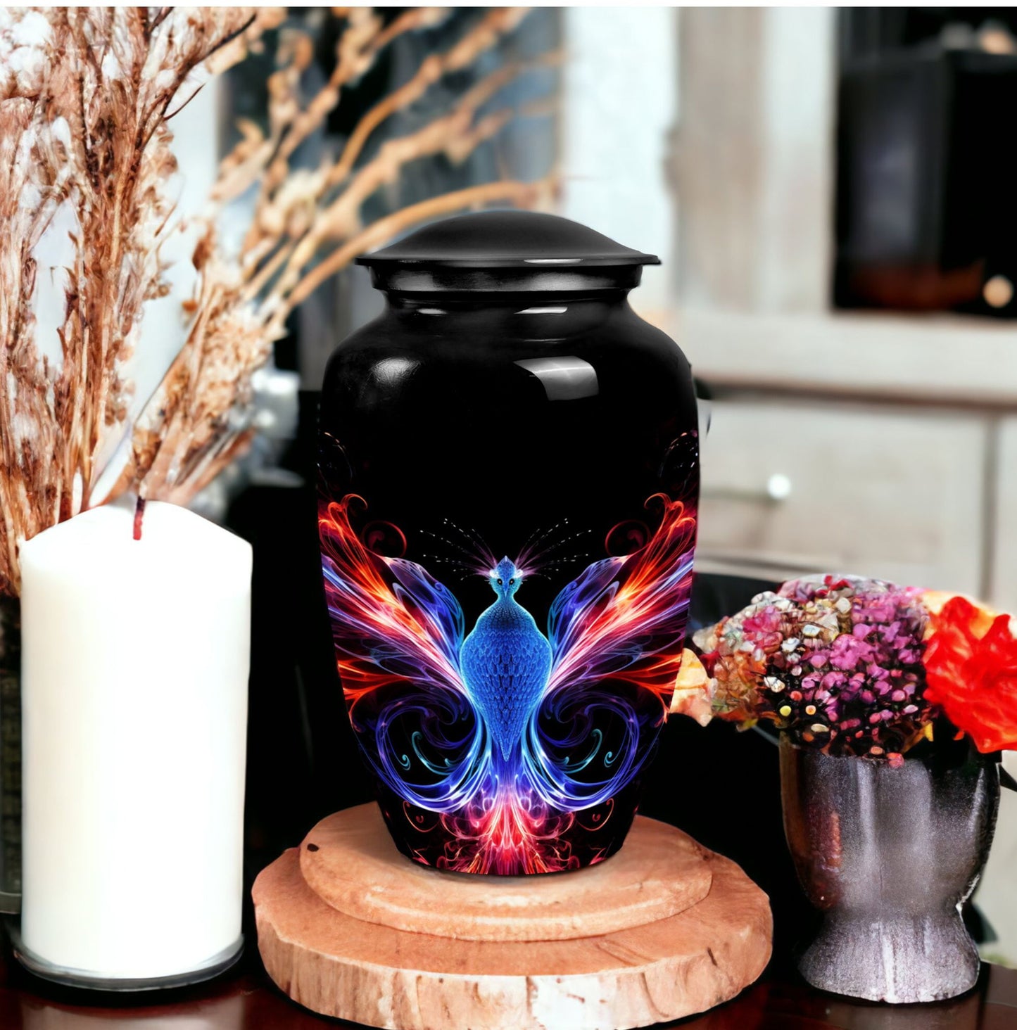 Colorful phoenix design Large Aluminium Cremation Urn.
