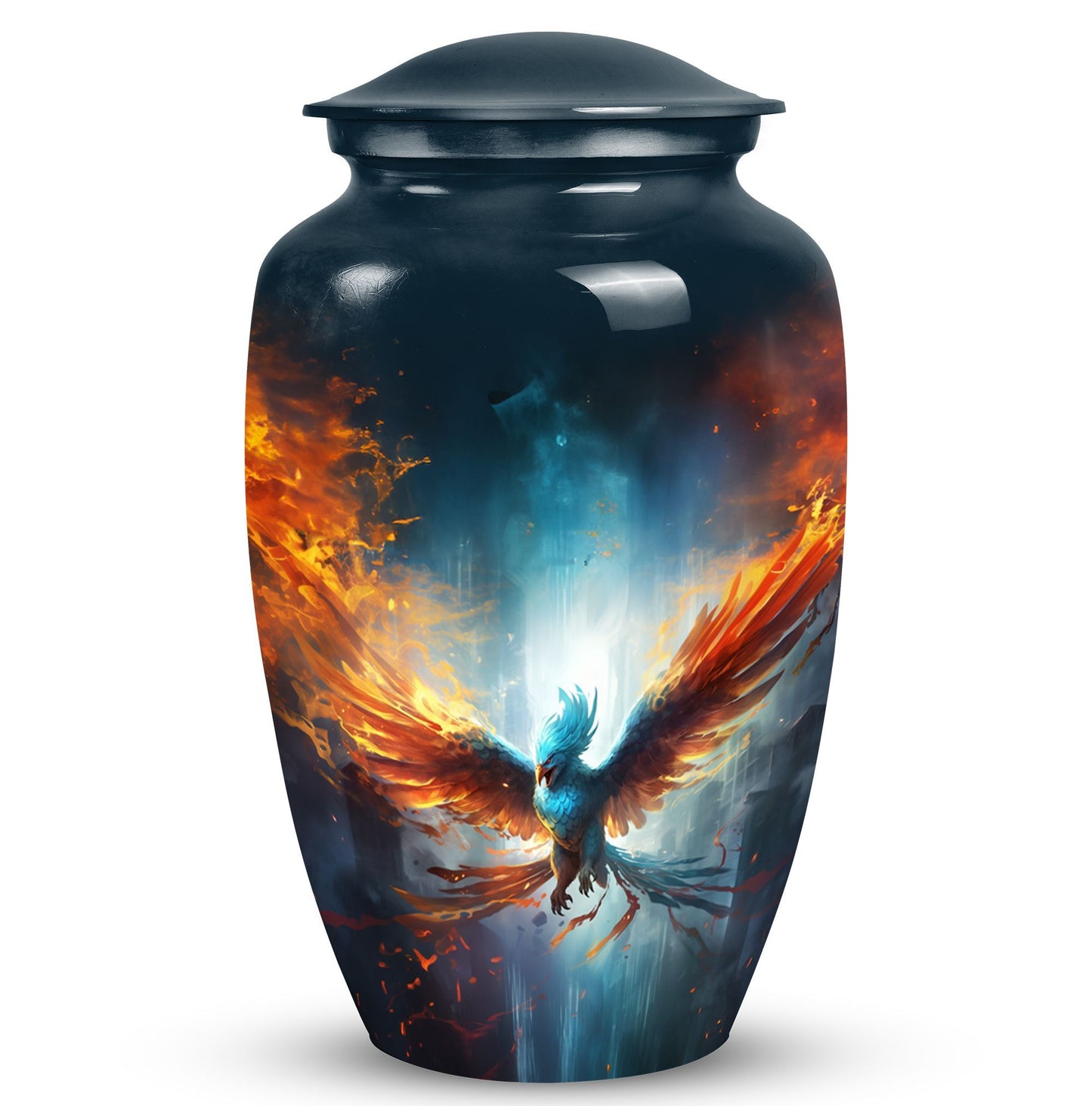 Blue Phoenix Cremation Urn, classic design, made of aluminium for adults ashes