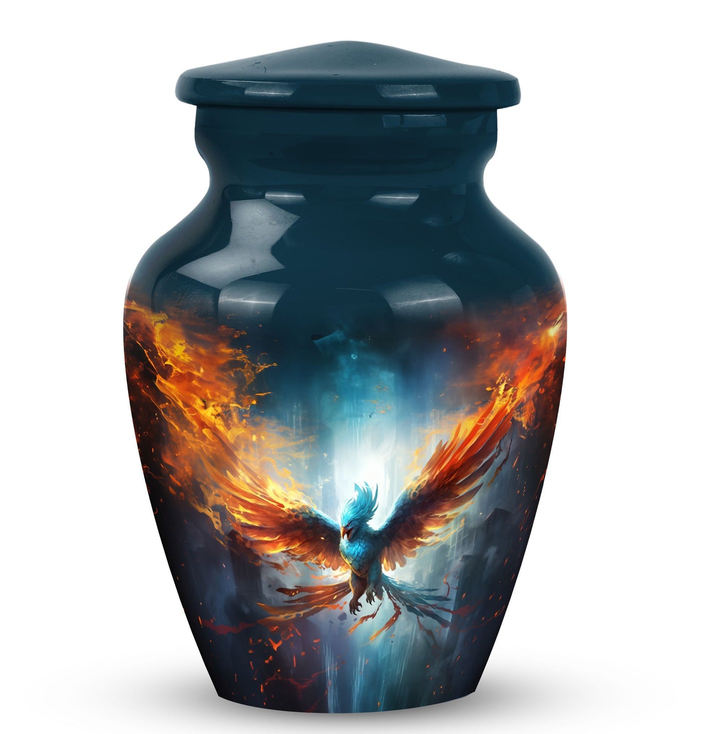 Blue Phoenix Cremation Urn, classic design, made of aluminium for adults ashes