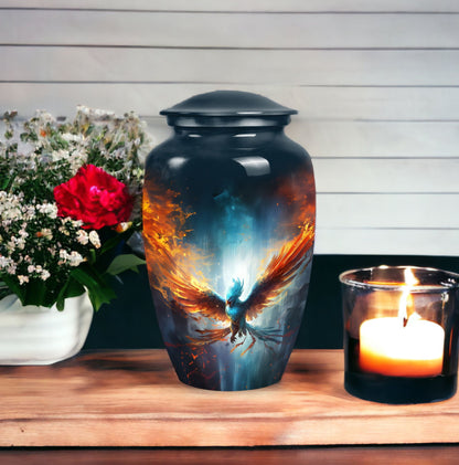 Blue Phoenix Cremation Urn, classic design, made of aluminium for adults ashes