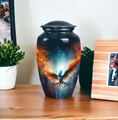 Blue Phoenix Cremation Urn, classic design, made of aluminium for adults ashes