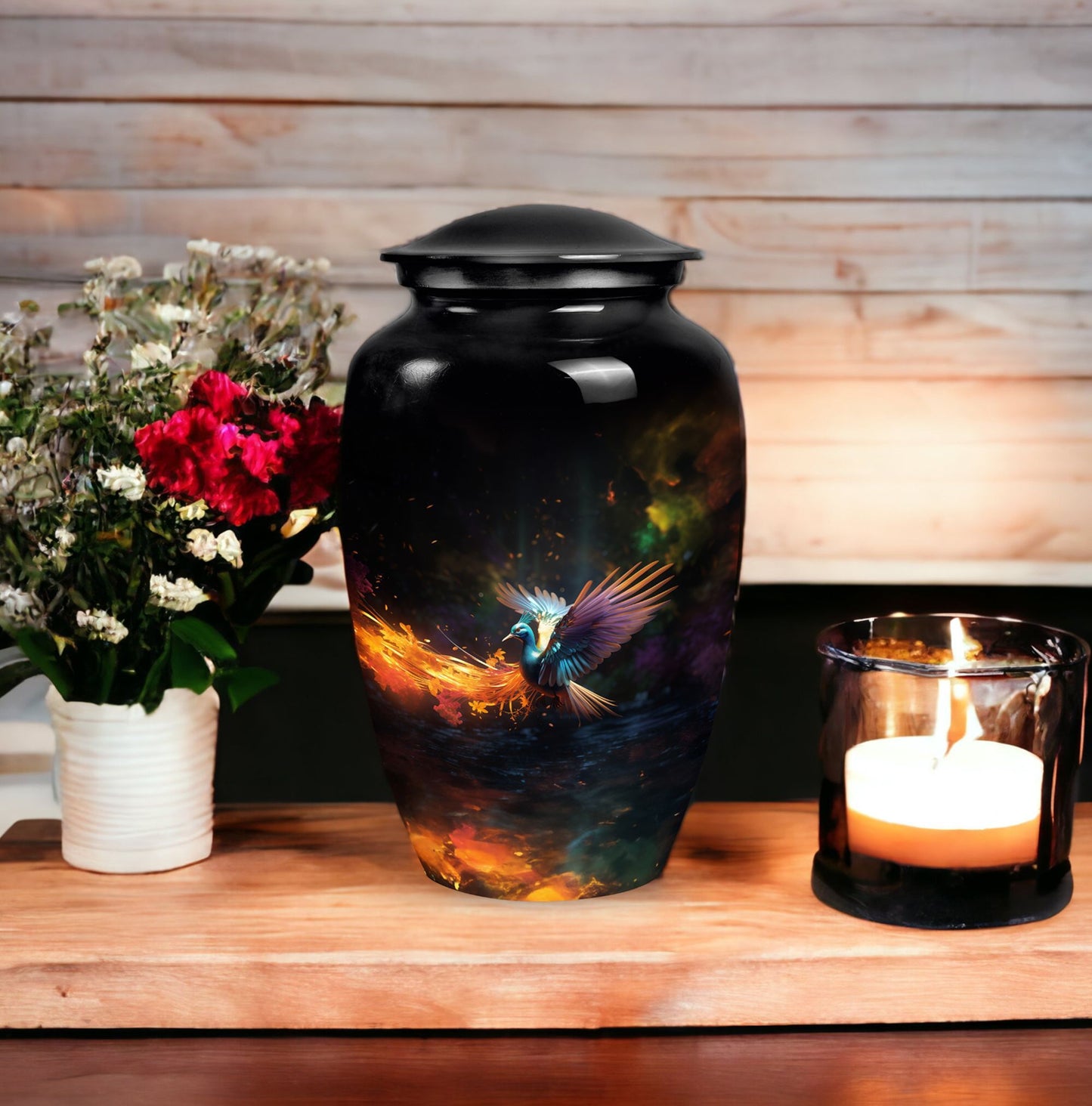 Colorful classic aluminum swan urn, keepsake urn.
