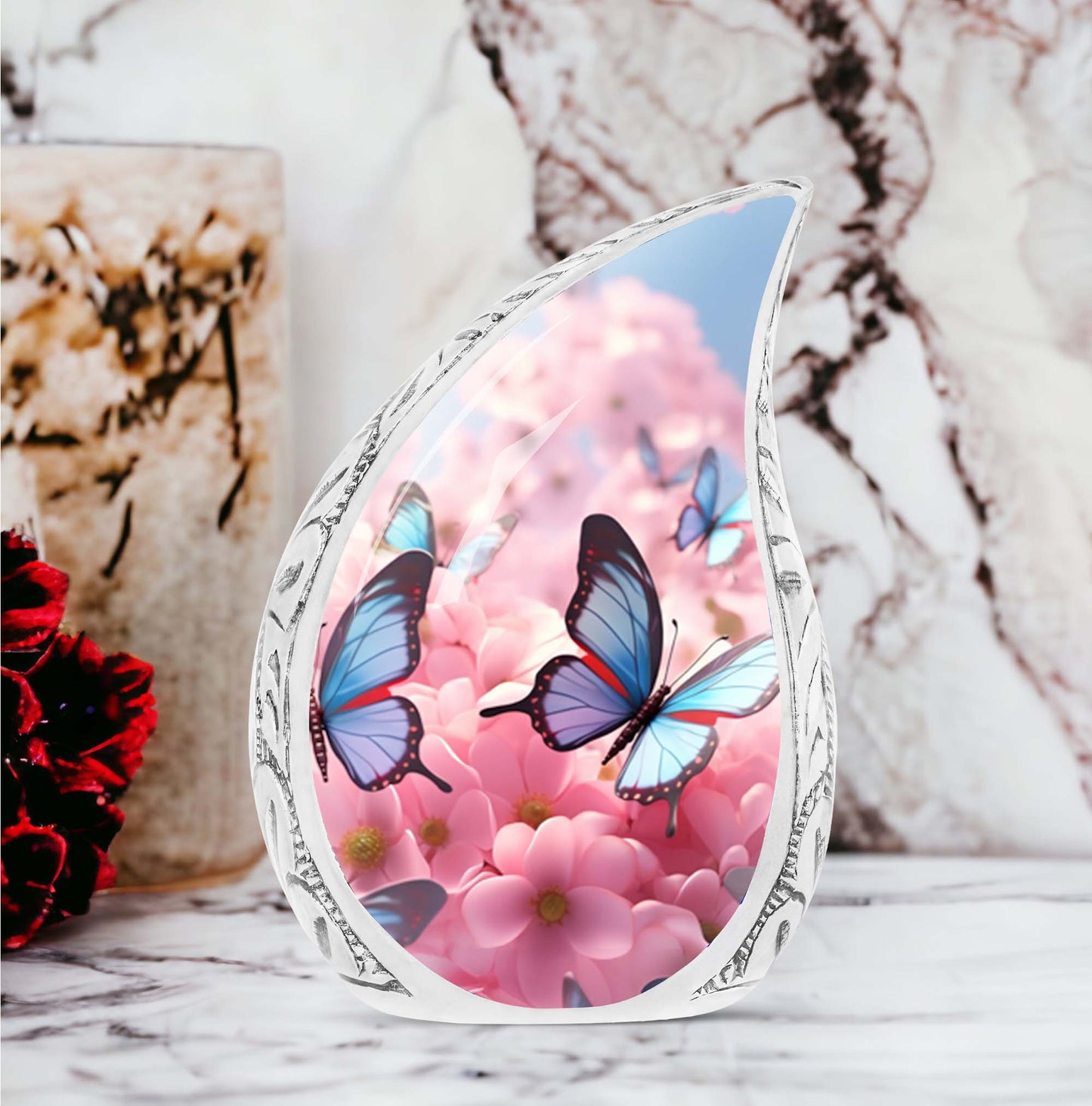 blue butterfly urn made of aluminum for cremation ashes.