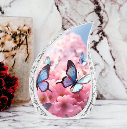 blue butterfly urn made of aluminum for cremation ashes.