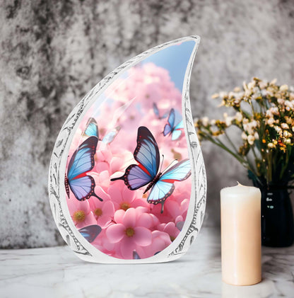blue butterfly urn made of aluminum for cremation ashes.