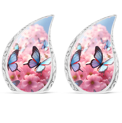 blue butterfly urn made of aluminum for cremation ashes.