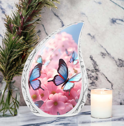 blue butterfly urn made of aluminum for cremation ashes.