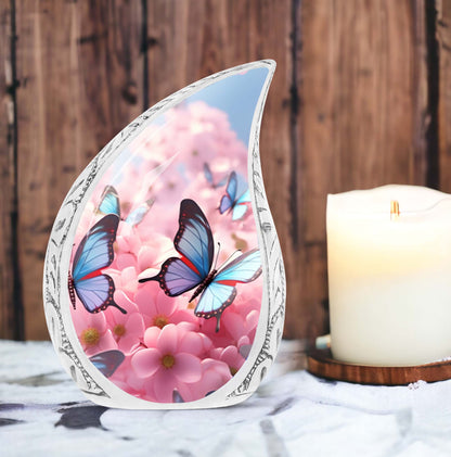blue butterfly urn made of aluminum for cremation ashes.