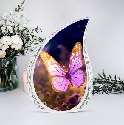Classic pink butterfly cremation urn, personalize with engraved names.