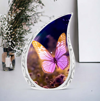Classic pink butterfly cremation urn, personalize with engraved names.