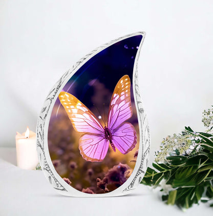 Classic pink butterfly cremation urn, personalize with engraved names.