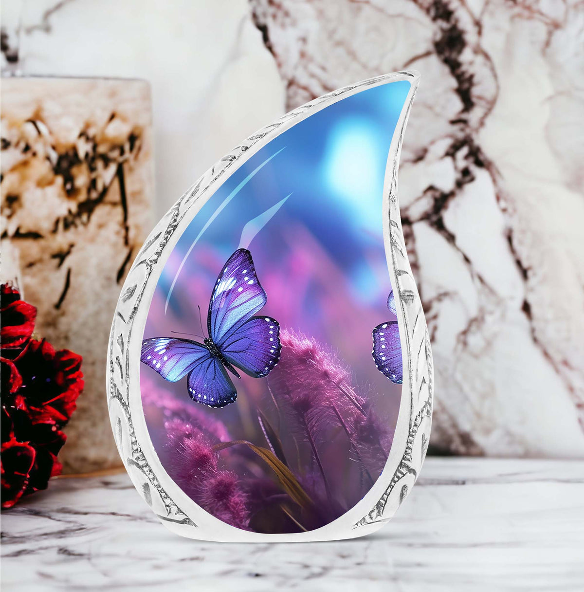 Classic purple butterfly urn for human ashes.