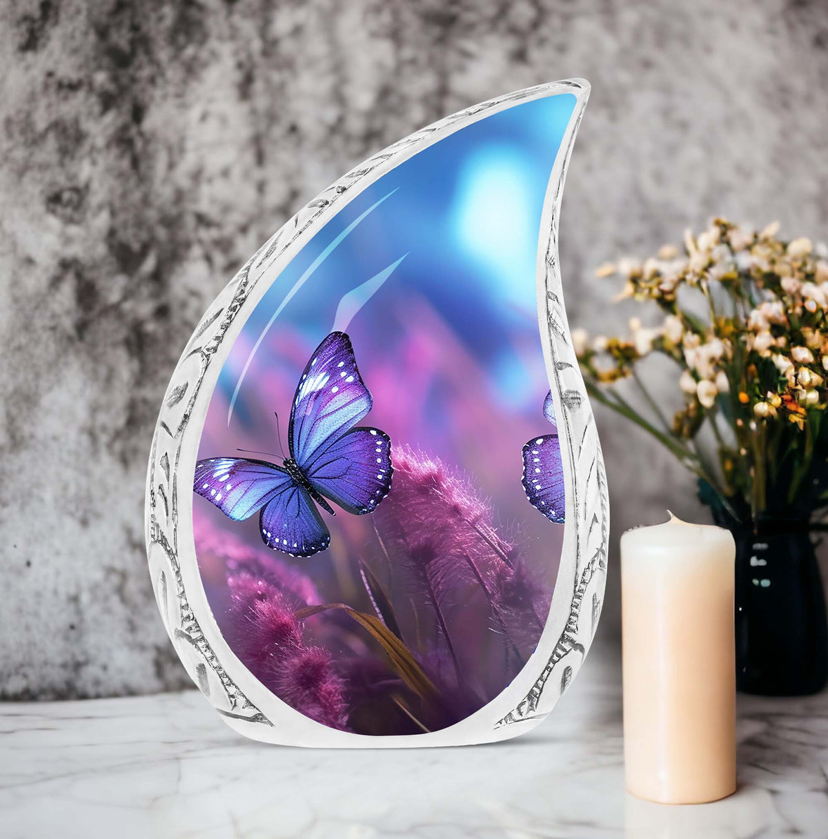Classic purple butterfly urn for human ashes.