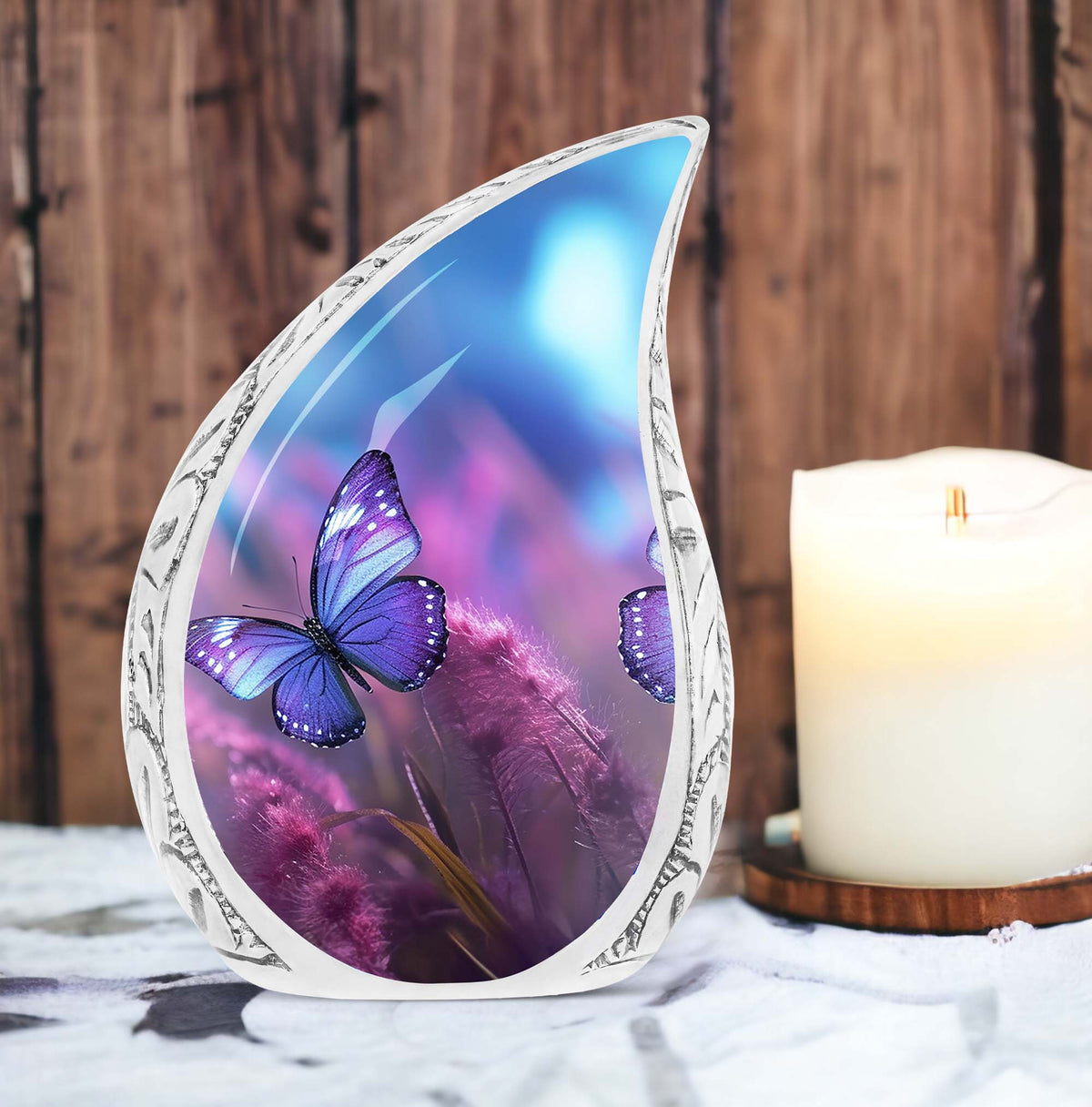 Classic purple butterfly urn for human ashes.