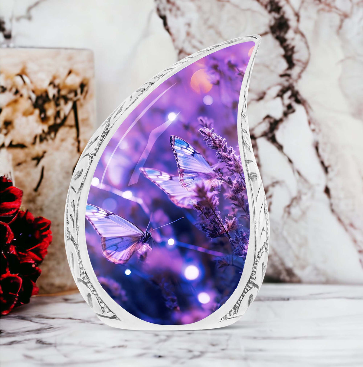Purple butterfly urn, 3-inch classic design.