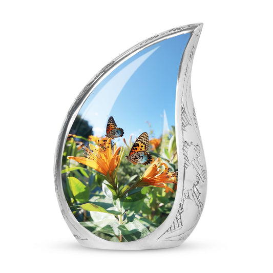 Purple Butterflies Urn, small aluminium memorial urn.