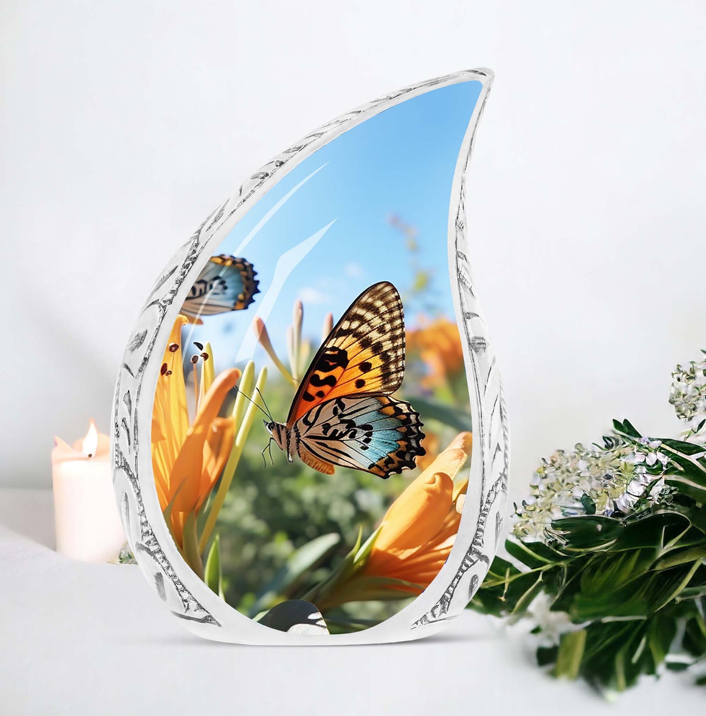 Purple Butterflies Urn, small aluminium memorial urn.