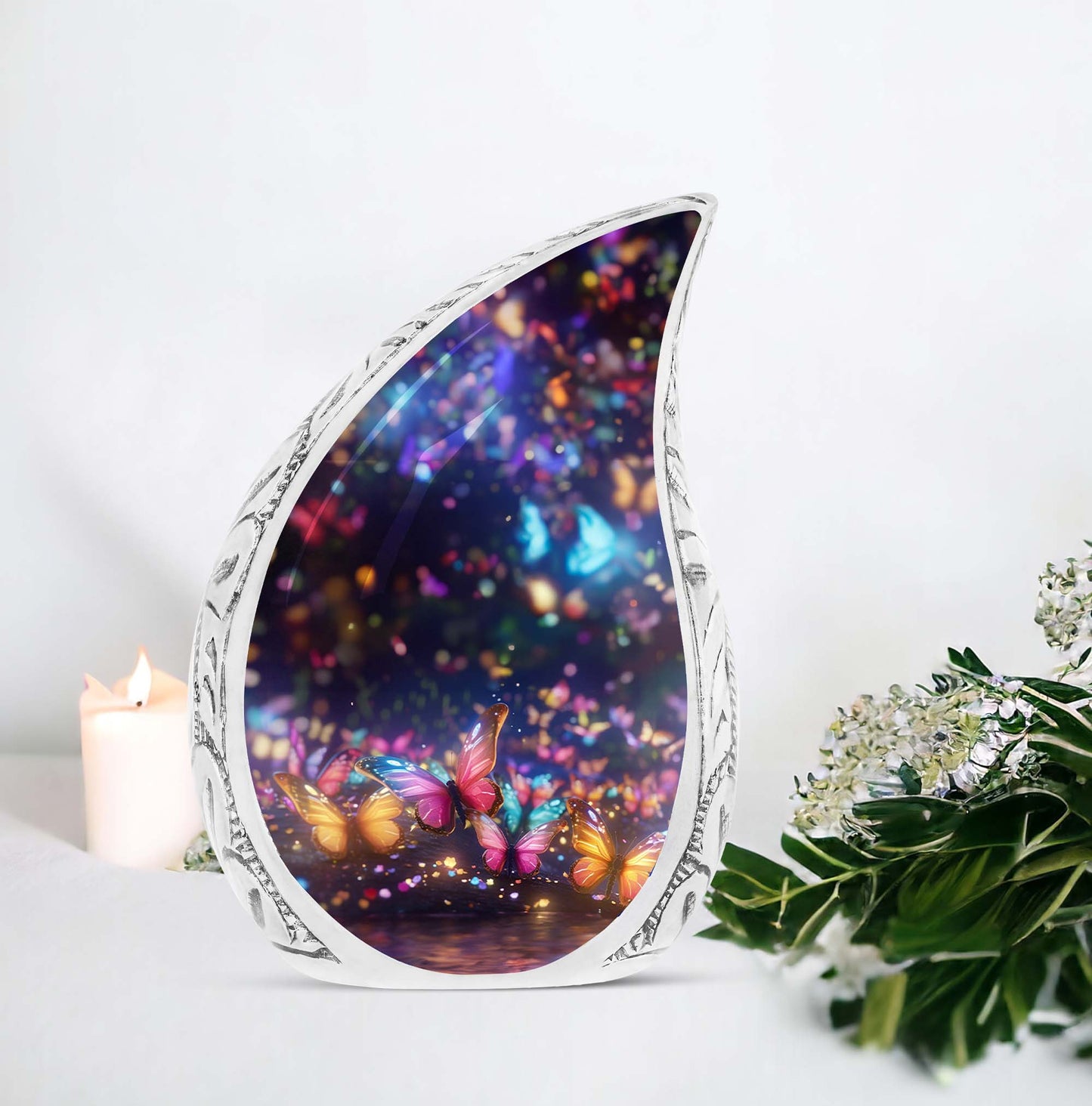 Large 3-inch Purple Butterflies Urn for cremation.