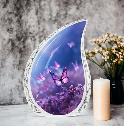 Blue Butterfly Urn, large classic cremation urn for ashes.