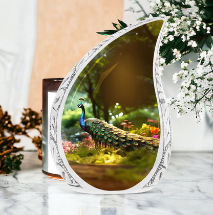 Classic 3-inch peacock memorial urn.