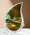 Classic 3-inch peacock memorial urn.