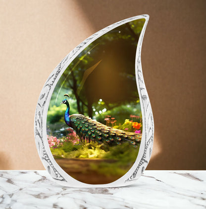 Classic 3-inch peacock memorial urn.