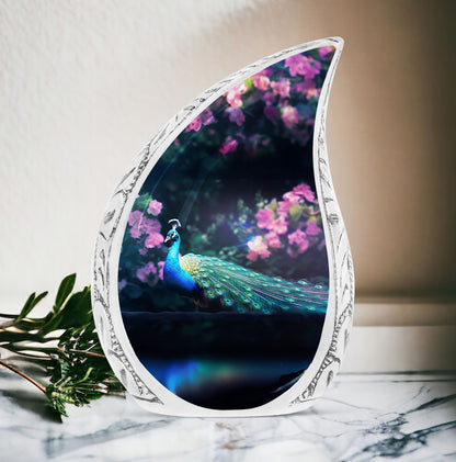 Peacock Urn for Cremation Ashes, Aluminum Classic Design.