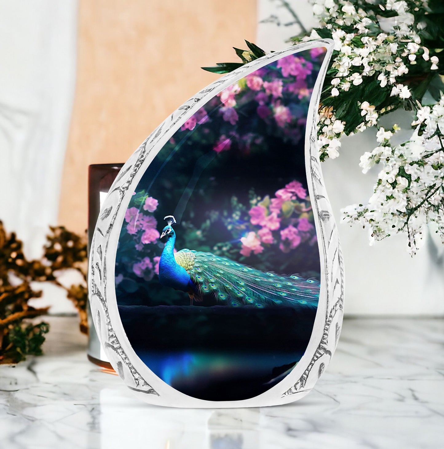 Peacock Urn for Cremation Ashes, Aluminum Classic Design.