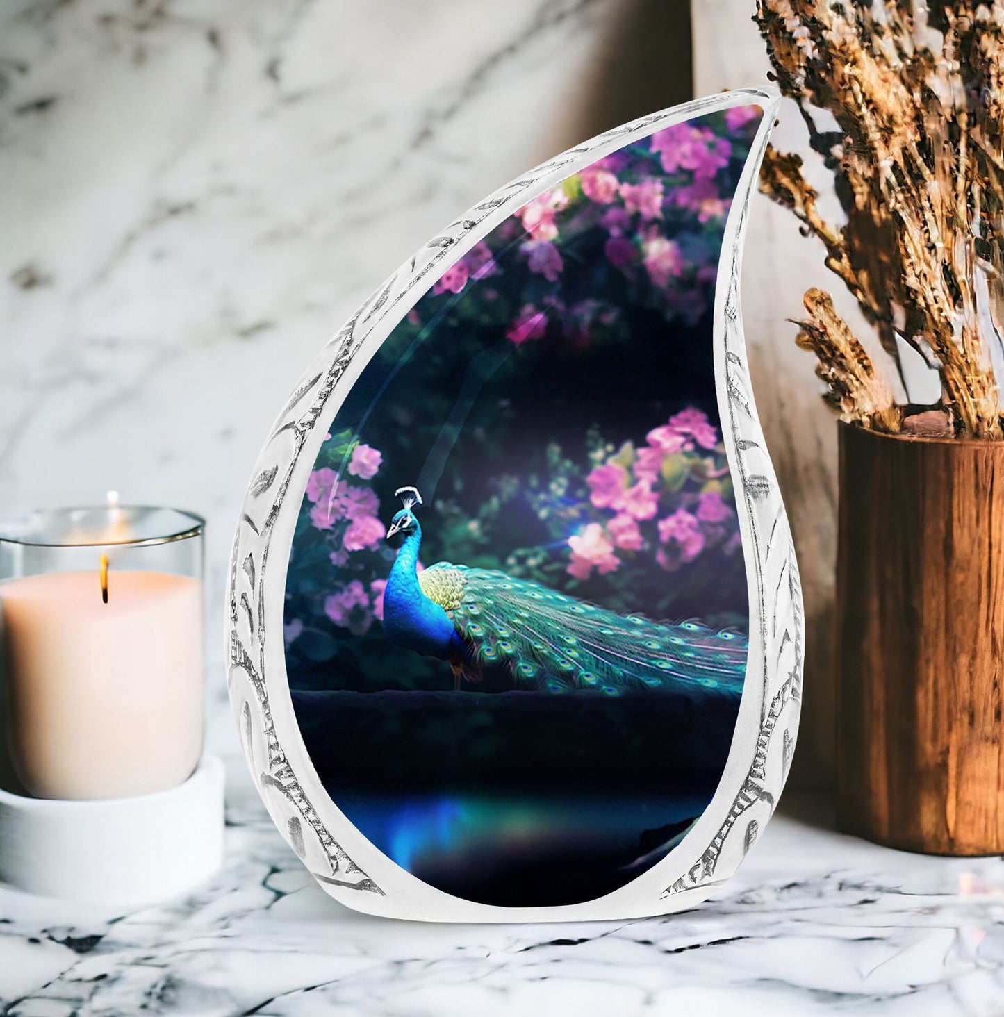 Peacock Urn for Cremation Ashes, Aluminum Classic Design.