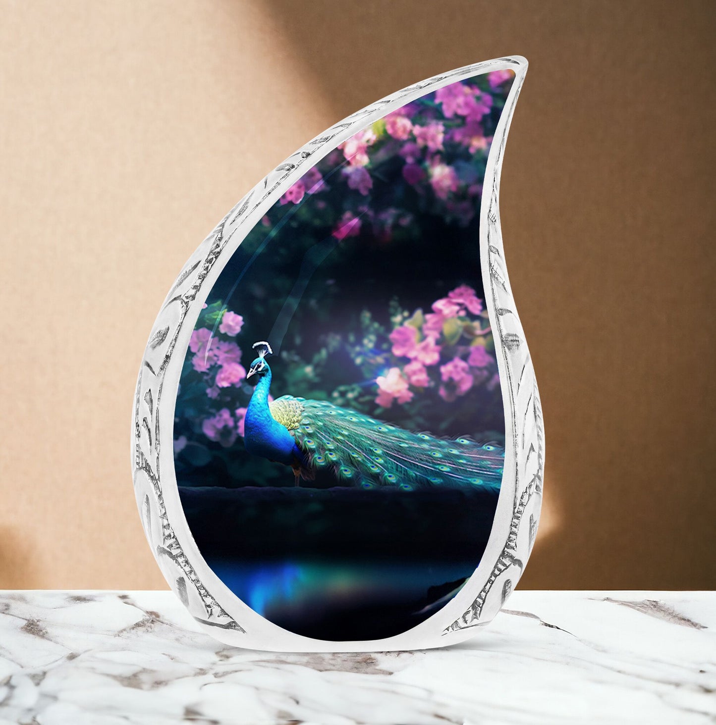 Peacock Urn for Cremation Ashes, Aluminum Classic Design.