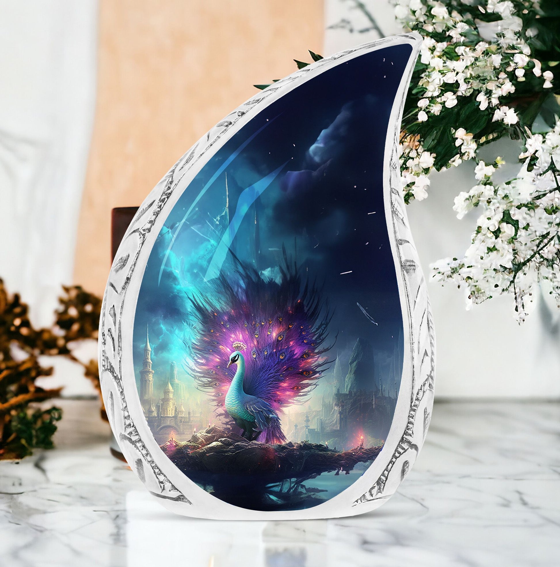 Aluminium Peacock Memorial Urn, 3 Inch Large Cremation Urn