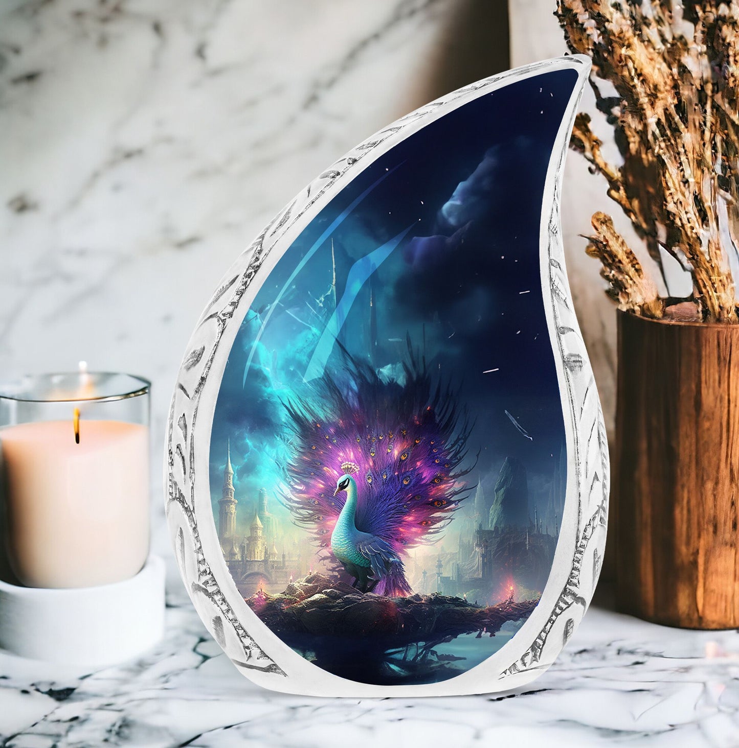 Aluminium Peacock Memorial Urn, 3 Inch Large Cremation Urn