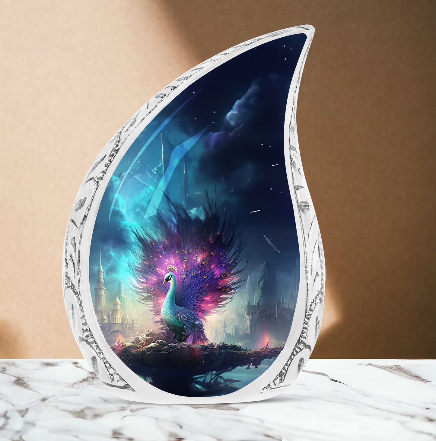 Aluminium Peacock Memorial Urn, 3 Inch Large Cremation Urn