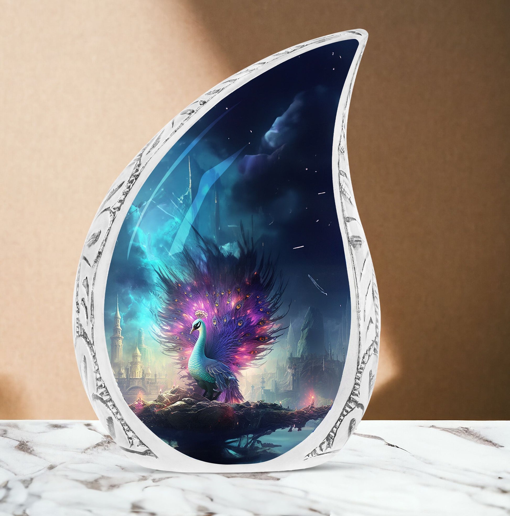 Aluminium Peacock Memorial Urn, 3 Inch Large Cremation Urn